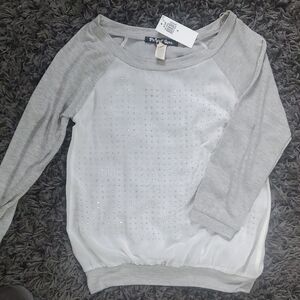 Gray and White Long Sleeve Top with Rhinestones